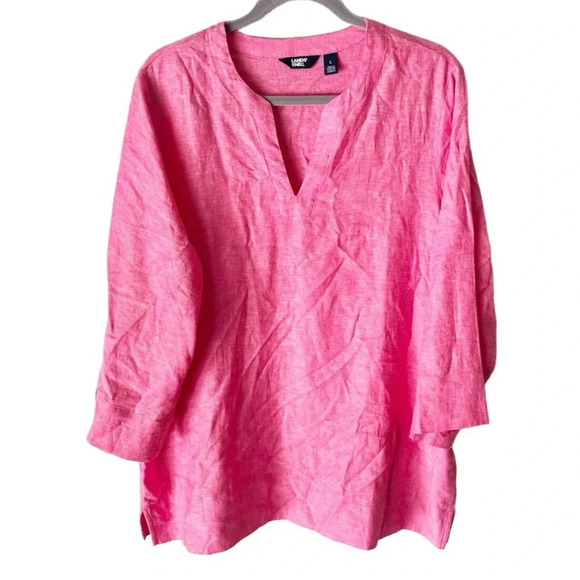 Lands' End Top Women's Large Split Neck 3/4 Sleeve Pink Tunic Linen Blend NWT - Picture 1 of 11